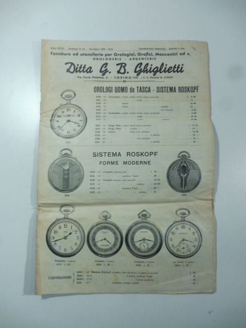 Ditta G. B. Ghiglietti. Torino. Forniture ed utensilerie per orologiai. Cat. n. 44. Novembre 1938